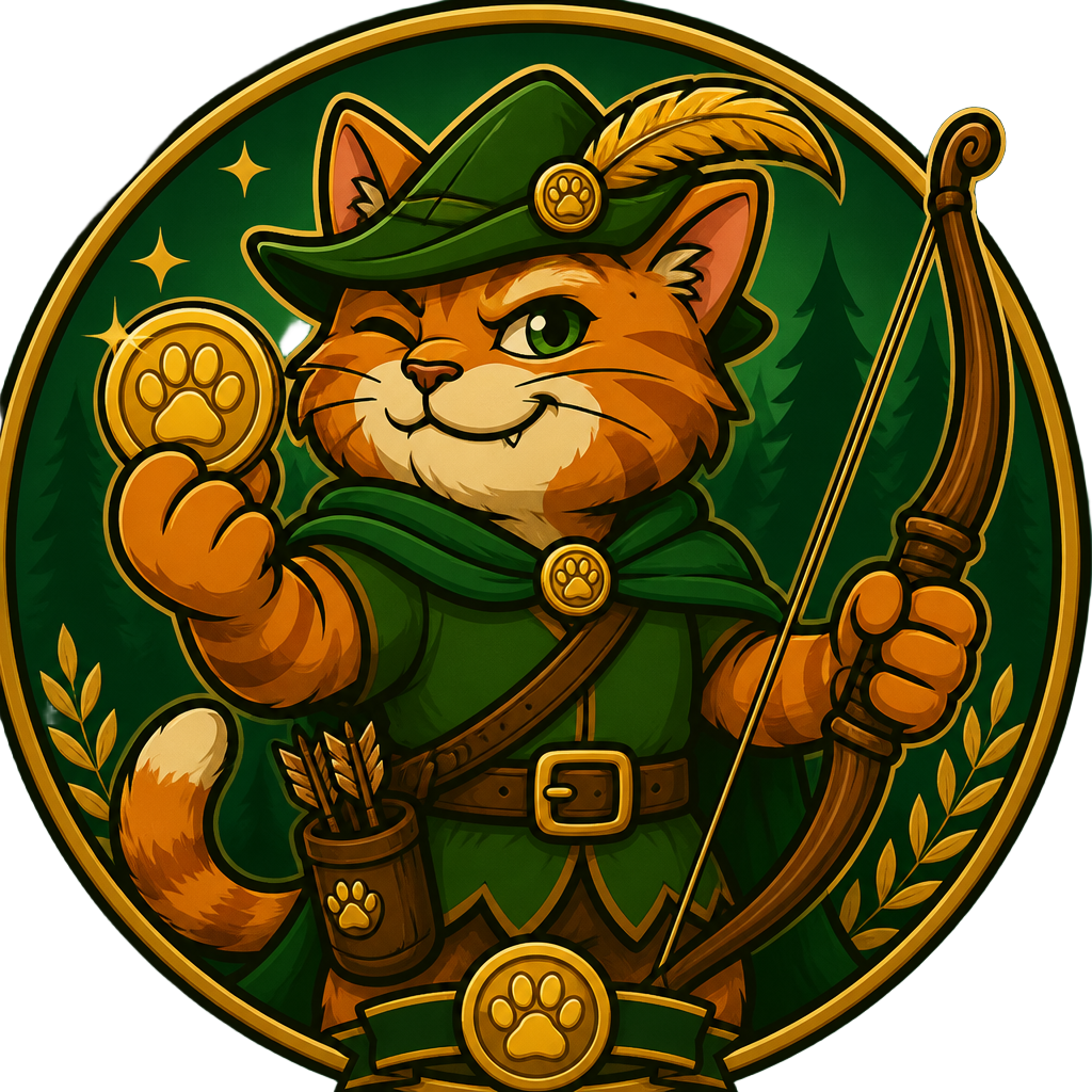 Puss In Hood mascot: a hooded cat holding a bow and a gold coin